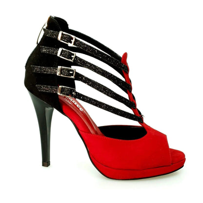 Scarpa da donna Wishdance Lussuria in camoscio rosso e nero con cinturini glitter, tacco a spillo e plateau.