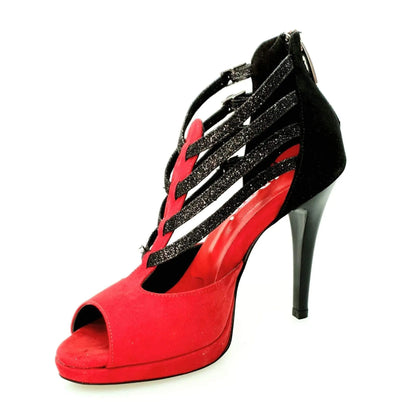 Scarpa donna Wishdance Lussuria in camoscio rosso e nero con cinturini glitter nero, tacco a spillo e plateau elegante.