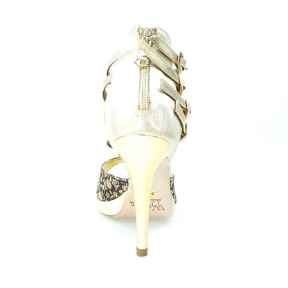 Scarpa da donna Wishdance Lussuria in ricamo veneziano fiorato oro, tacco a spillo e plateau, elegante e raffinata.