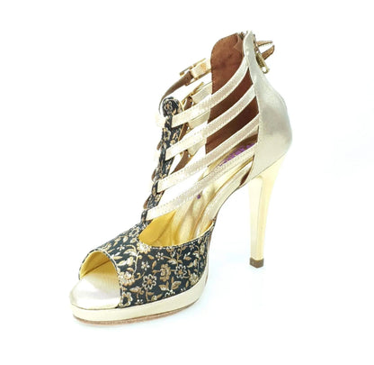 Scarpa donna Wishdance Lussuria in ricamo veneziano fiorato oro con tacco a spillo e plateau, elegante e raffinata.