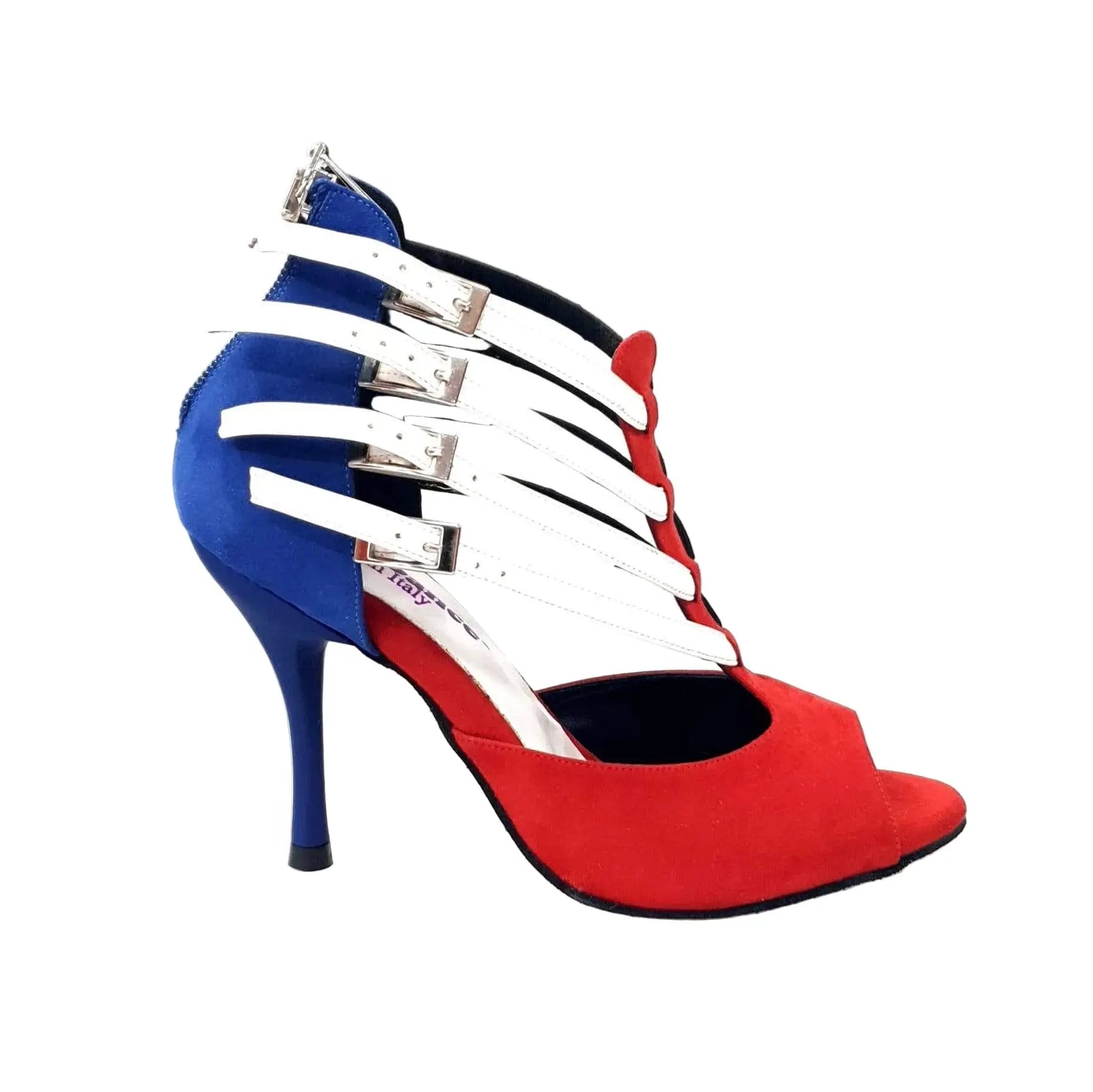 Scarpe da ballo Wishdance Lussuria in camoscio con colori cubani e tacco slim, dettagli eleganti e stile raffinato.