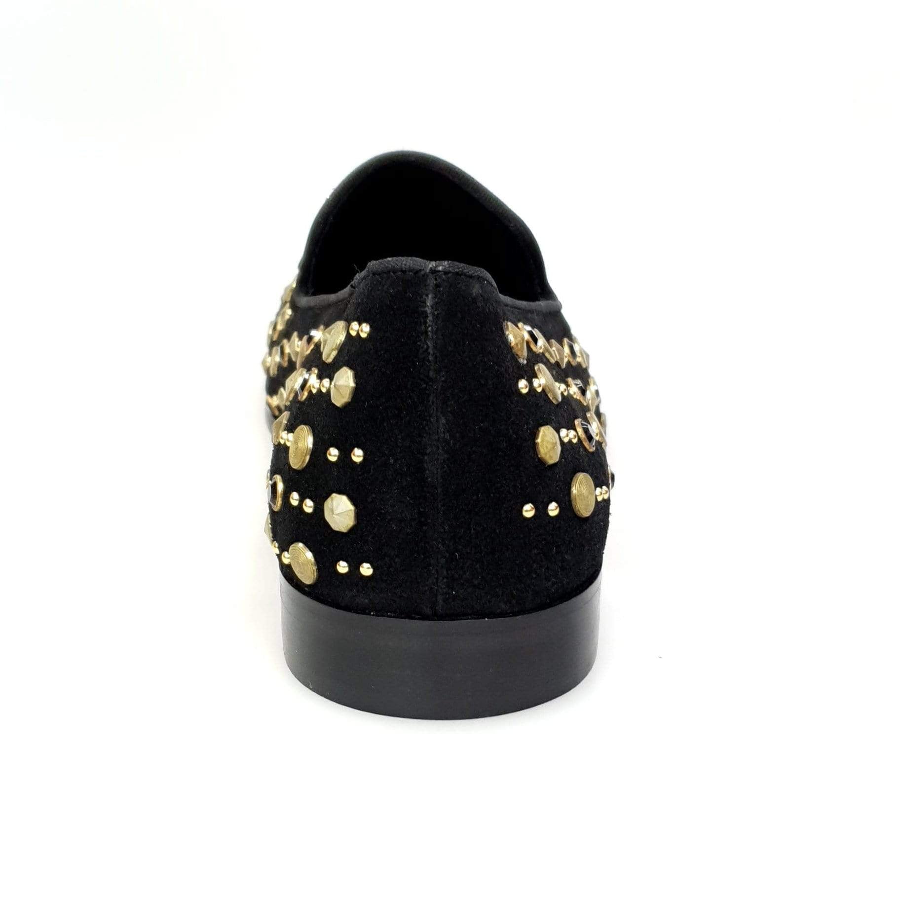 Mocassino da uomo Wishdance Jack Sparrow Pirata in camoscio nero con borchie oro e Swarovski neri, fondo in cuoio premium.