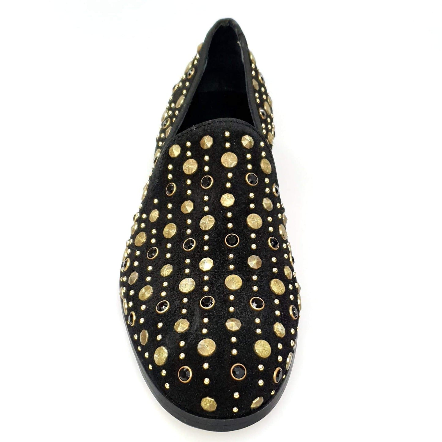 Scarpa mocassino Jack Sparrow Wishdance in camoscio nero con borchie dorate, Swarovski neri e fondo in cuoio premium.
