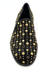 Load image into Gallery viewer, Wishdance Mocassino Jack Sparrow in Camoscio nero Swarovski Neri incastonati con Borchie dorate e Fondo Cuoio Premium
