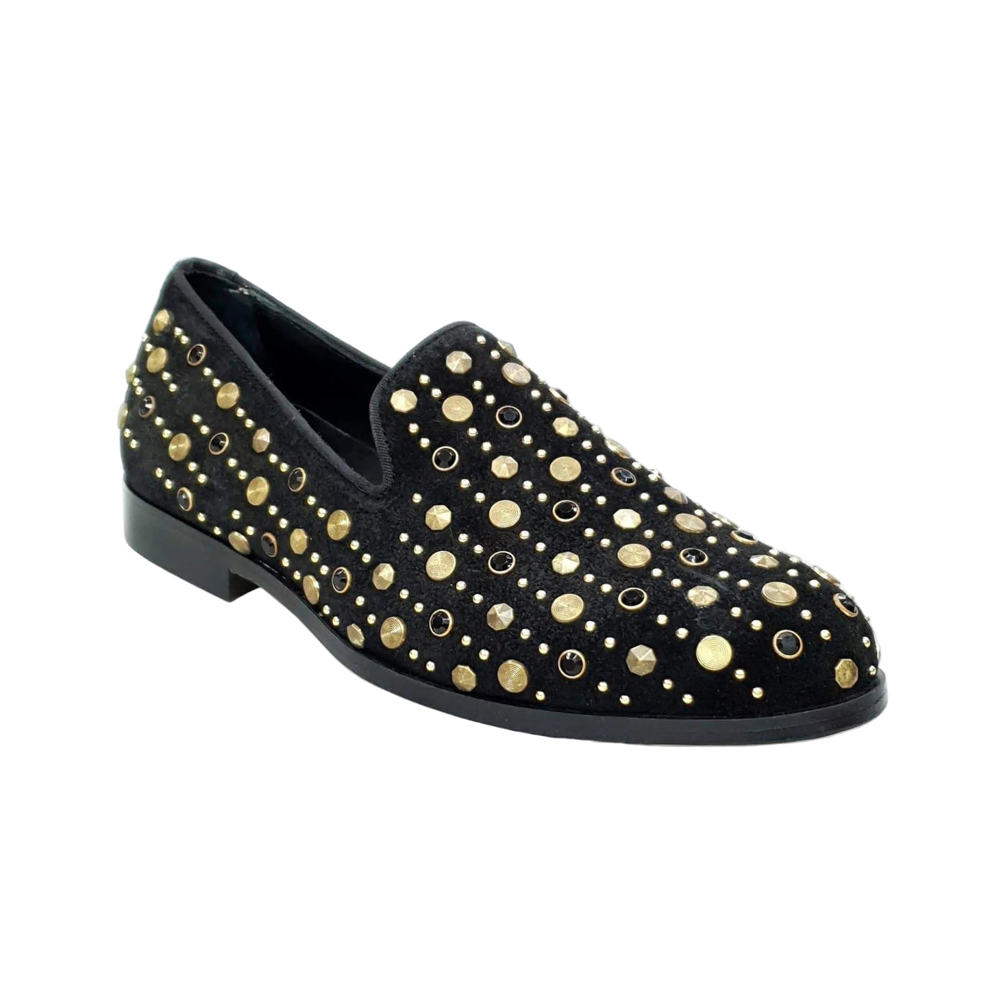Scarpa mocassino Jack Sparrow Wishdance in camoscio nero con borchie oro e Swarovski neri, fondo in cuoio premium, stile elegante.