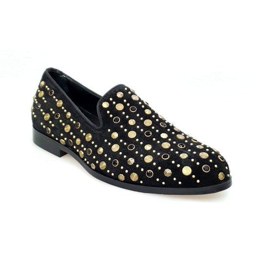 Wishdance Mocassino Jack Sparrow in Camoscio nero Swarovski Neri incastonati con Borchie dorate e Fondo Cuoio Premium