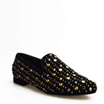 Load image into Gallery viewer, Wishdance Mocassino Jack Sparrow in Camoscio nero Swarovski Neri incastonati con Borchie grandi e piccole  dorate
