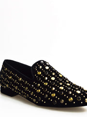 Carica immagine nella Galleria, Wishdance Mocassino Jack Sparrow in Camoscio nero Swarovski Neri incastonati con Borchie grandi e piccole  dorate
