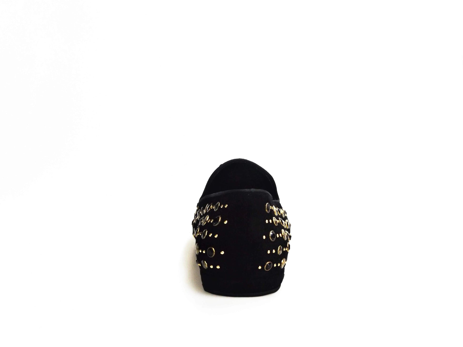 Scarpa mocassino uomo in camoscio nero Wishdance con borchie dorate e Swarovski, dettagli eleganti e sofisticati.