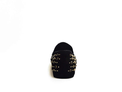 Scarpa mocassino uomo in camoscio nero Wishdance con borchie dorate e Swarovski, dettagli eleganti e sofisticati.