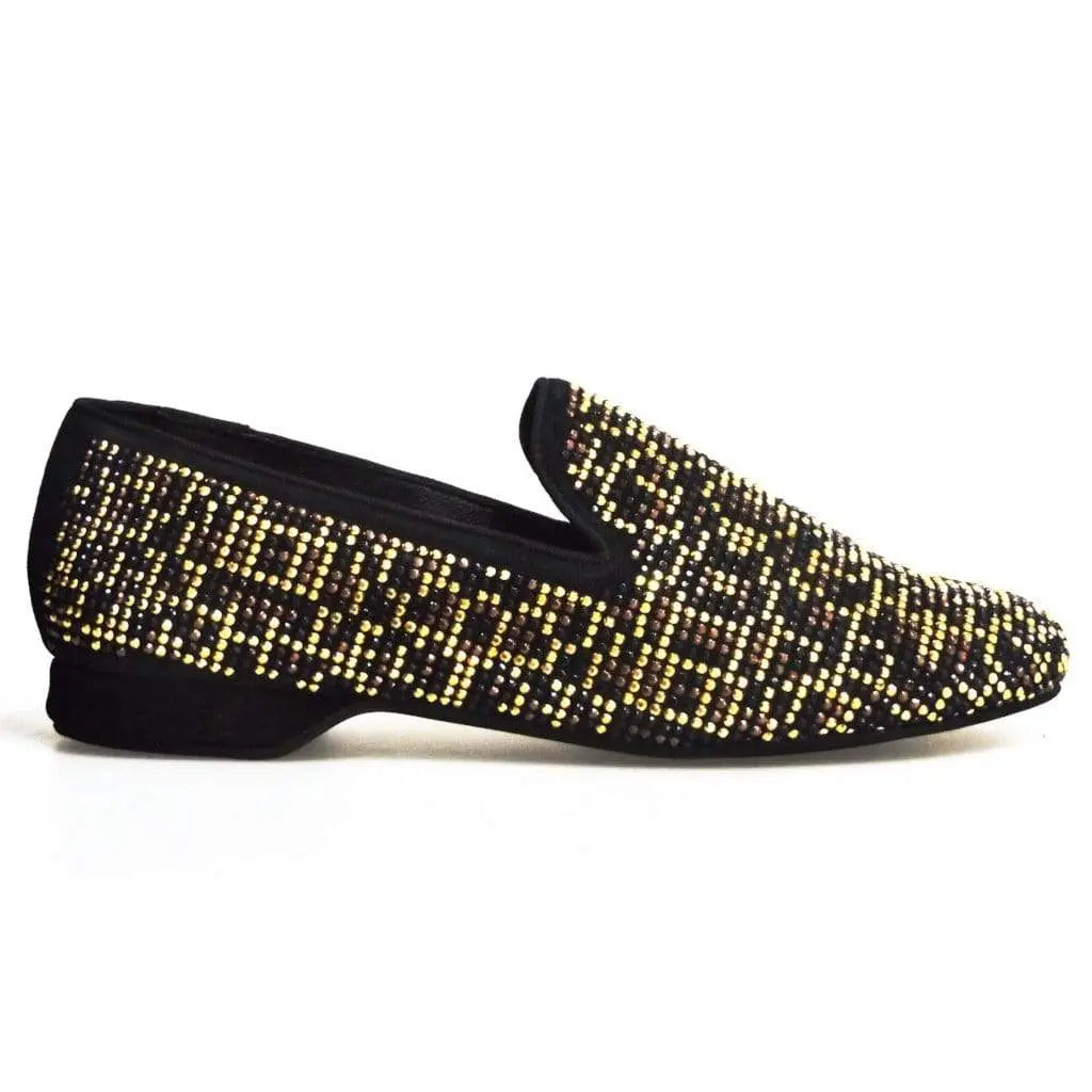 Mocassino Wishdance Leopard in camoscio nero con Swarovski neri, borchie marroni e dettagli oro, stile animale maculata.