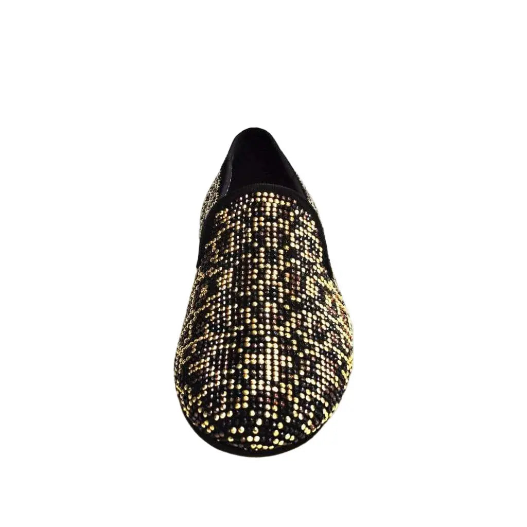 Scarpa mocassino Wishdance Leopard in camoscio nero con Swarovski neri, borchie marroni e dettagli oro maculato leopardato.