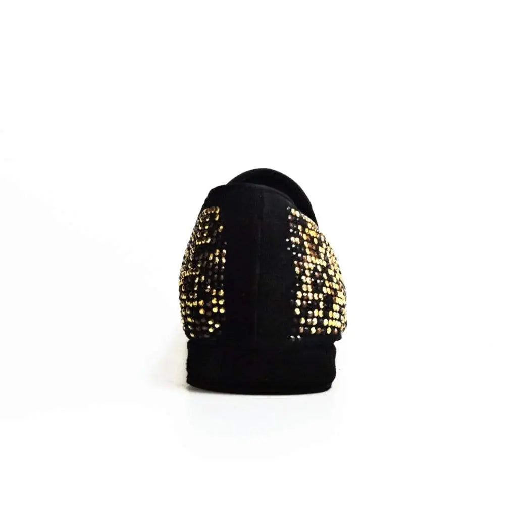 Mocassino Wishdance Curtis Leopard in camoscio nero con Swarovski neri, borchie marrone e oro, stampa leopardo.