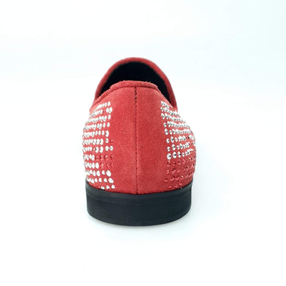Mocassino uomo Wishdance Lion Red Silver in camoscio rosso con miniborchie rosse e argento, dettagli di zanne, scarpa elegante