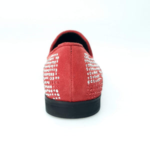 Lion Red Silver (800PJ) - Red Suede Moccasin for Men with Red / Silver Laminated Mini Studs and Fangs