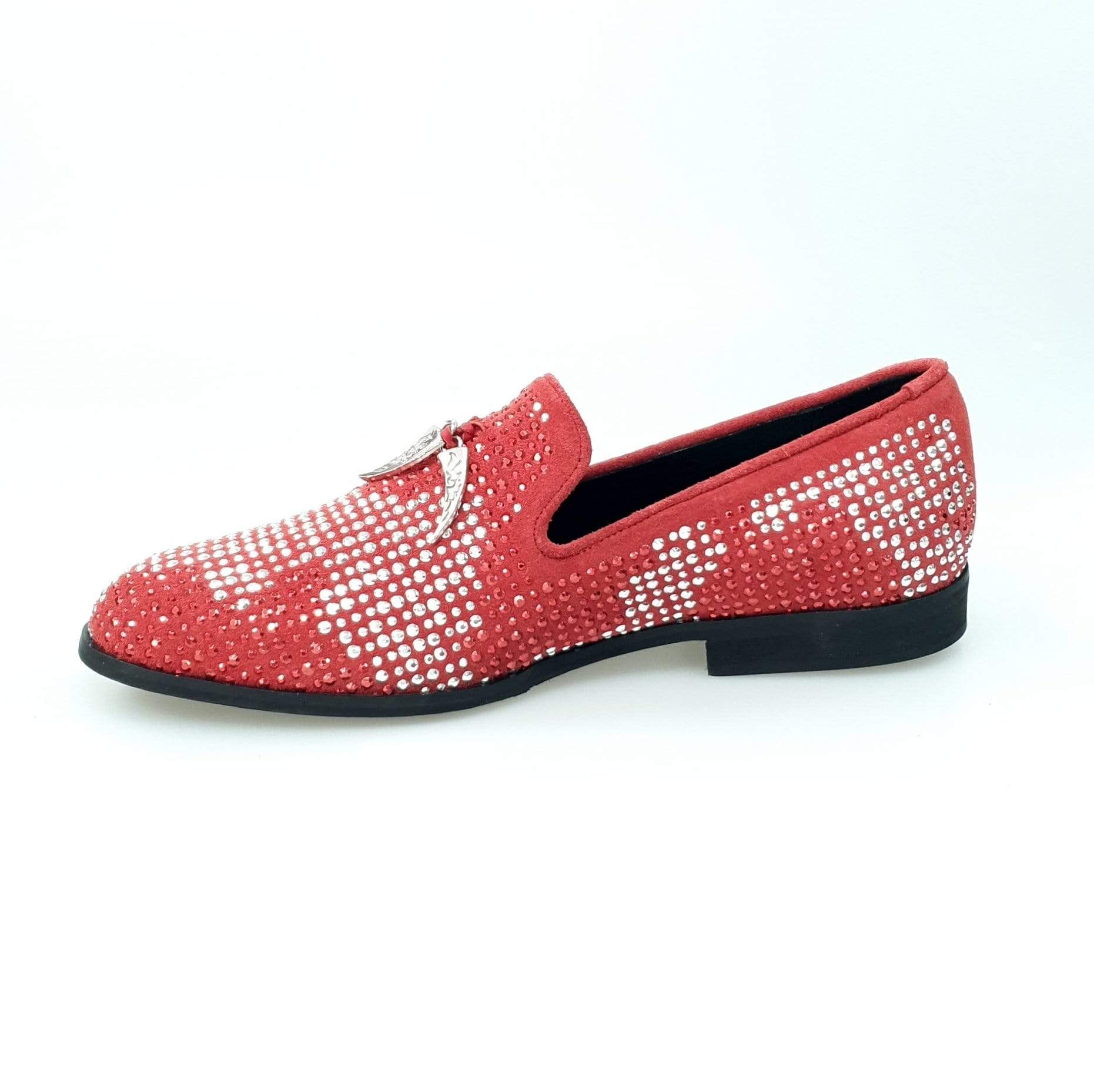 Mocassino Wishdance Lion Red Silver in camoscio rosso con miniborchie rosse e argento, dettagli di zanne, stile elegante e moderno