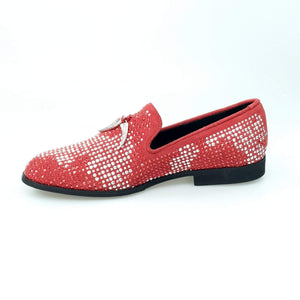 Lion Red Silver (800PJ) - Red Suede Moccasin for Men with Red / Silver Laminated Mini Studs and Fangs