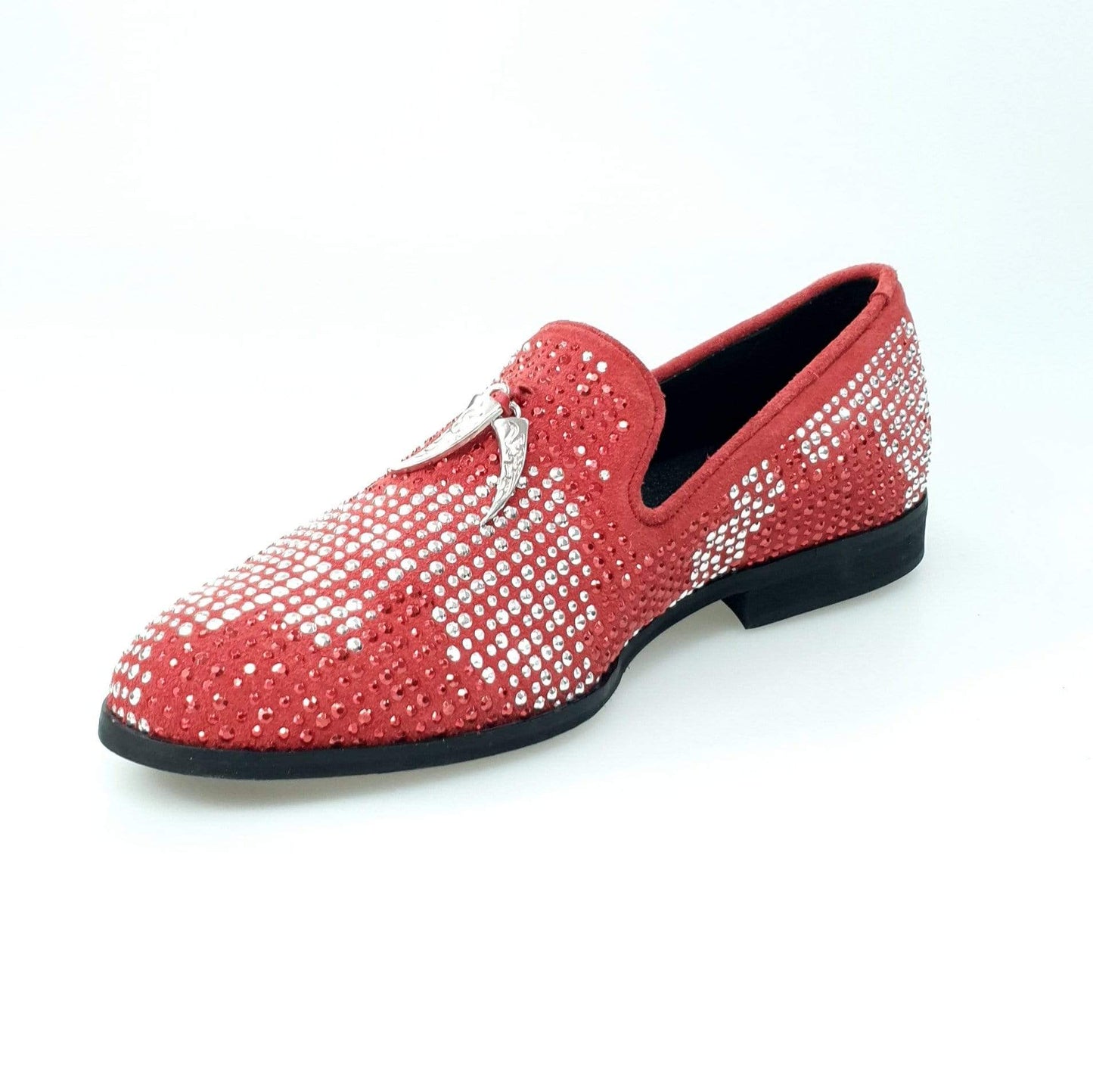 Scarpa mocassino Wishdance Lion Red Silver in camoscio rosso con miniborchie laminate rosse e argento e dettagli di zanne.