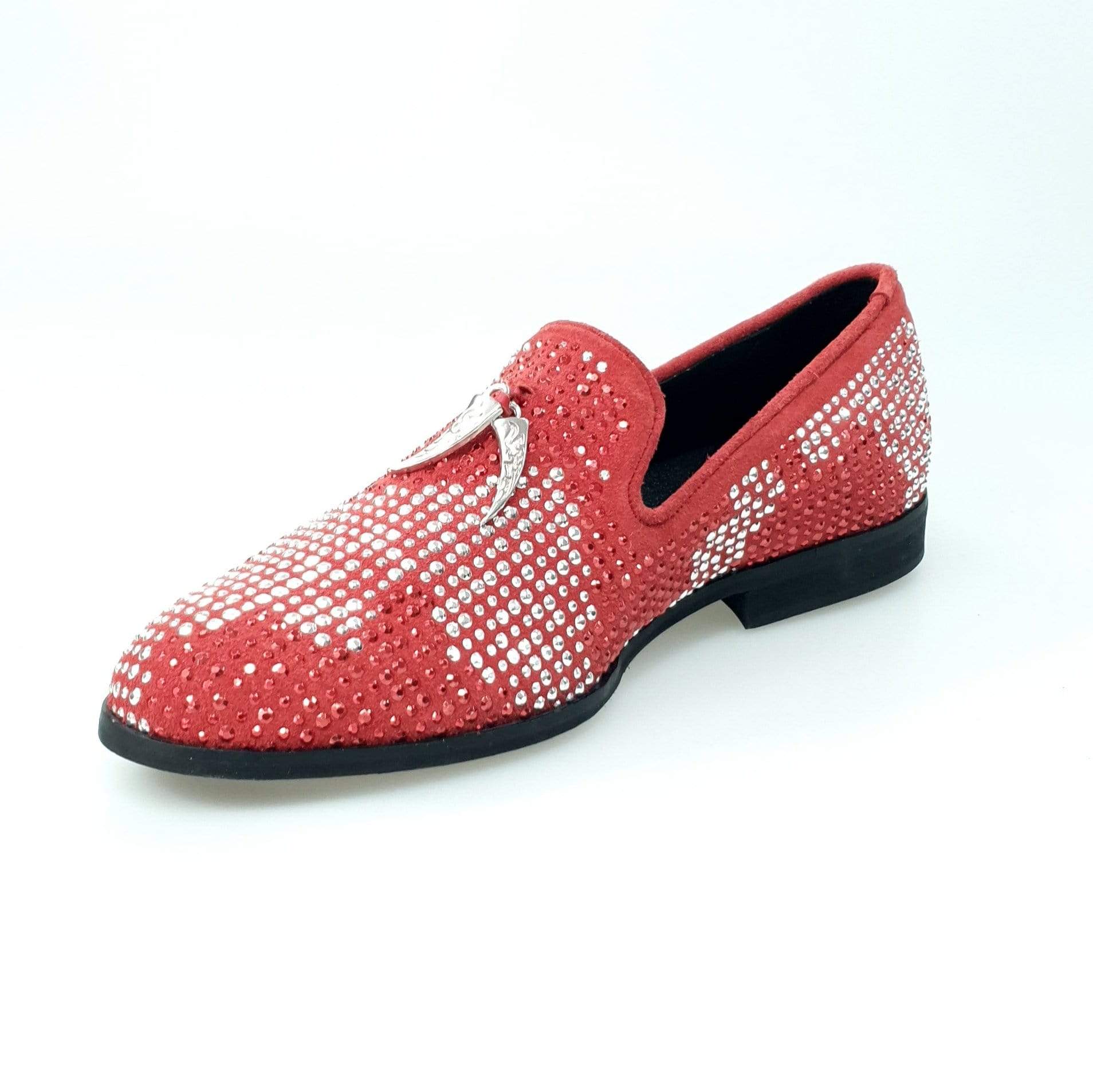 Scarpa mocassino Wishdance Lion Red Silver in camoscio rosso con miniborchie laminate rosse e argento e dettagli di zanne.
