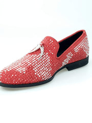 Load image into Gallery viewer, Lion Red Silver (800PJ) - Red Suede Moccasin for Men with Red / Silver Laminated Mini Studs and Fangs
