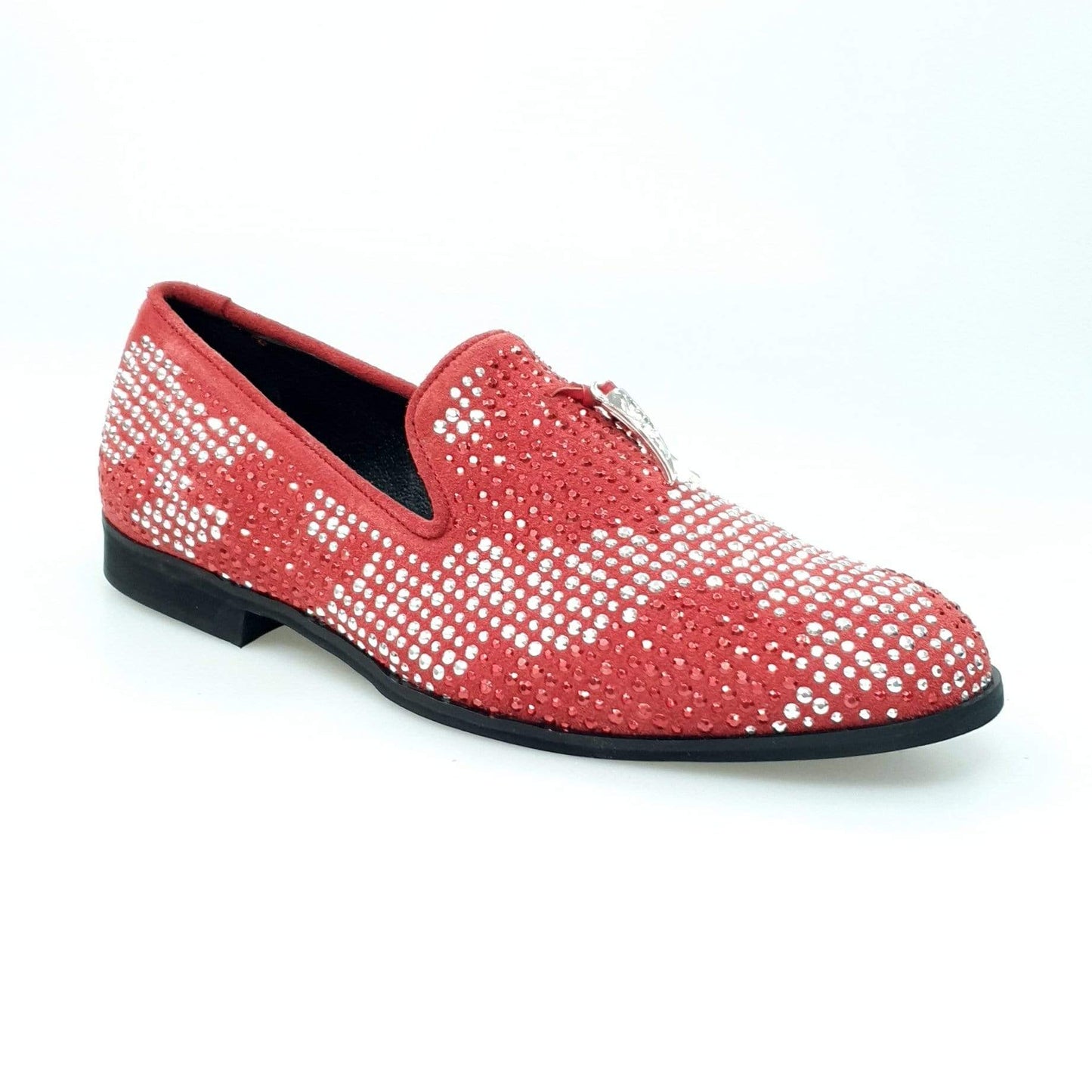 Mocassino uomo Wishdance Lion Red Silver in camoscio rosso con miniborchie laminate rosse e argento, dettagli di zanne.
