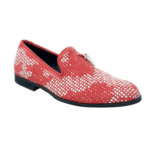 Mocassino uomo Wishdance Lion Red Silver in camoscio rosso con miniborchie laminate rosse e argento, dettagli di zanne.
