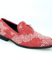 Load image into Gallery viewer, Lion Red Silver (800PJ) - Red Suede Moccasin for Men with Red / Silver Laminated Mini Studs and Fangs
