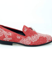 Load image into Gallery viewer, Lion Red Silver (800PJ) - Red Suede Moccasin for Men with Red / Silver Laminated Mini Studs and Fangs
