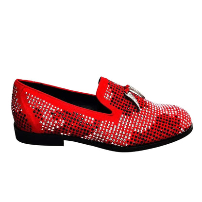 Scarpa mocassino Wishdance Lion Red Silver Black in camoscio rosso con miniborchie nere e argento, dettagli Zanne, stile elegante.