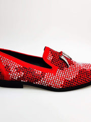 Carica immagine nella Galleria, Wishdance Mocassino Lyon Camoscio Rosso miniborchie Nere e Argento
