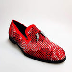 Load image into Gallery viewer, Wishdance Mocassino Lyon Camoscio Rosso miniborchie Nere e Argento
