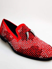 Carica immagine nella Galleria, Wishdance Mocassino Lyon Camoscio Rosso miniborchie Nere e Argento
