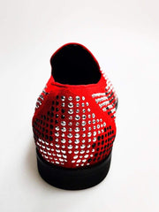 Carica immagine nella Galleria, Wishdance Mocassino Lyon Camoscio Rosso miniborchie Nere e Argento
