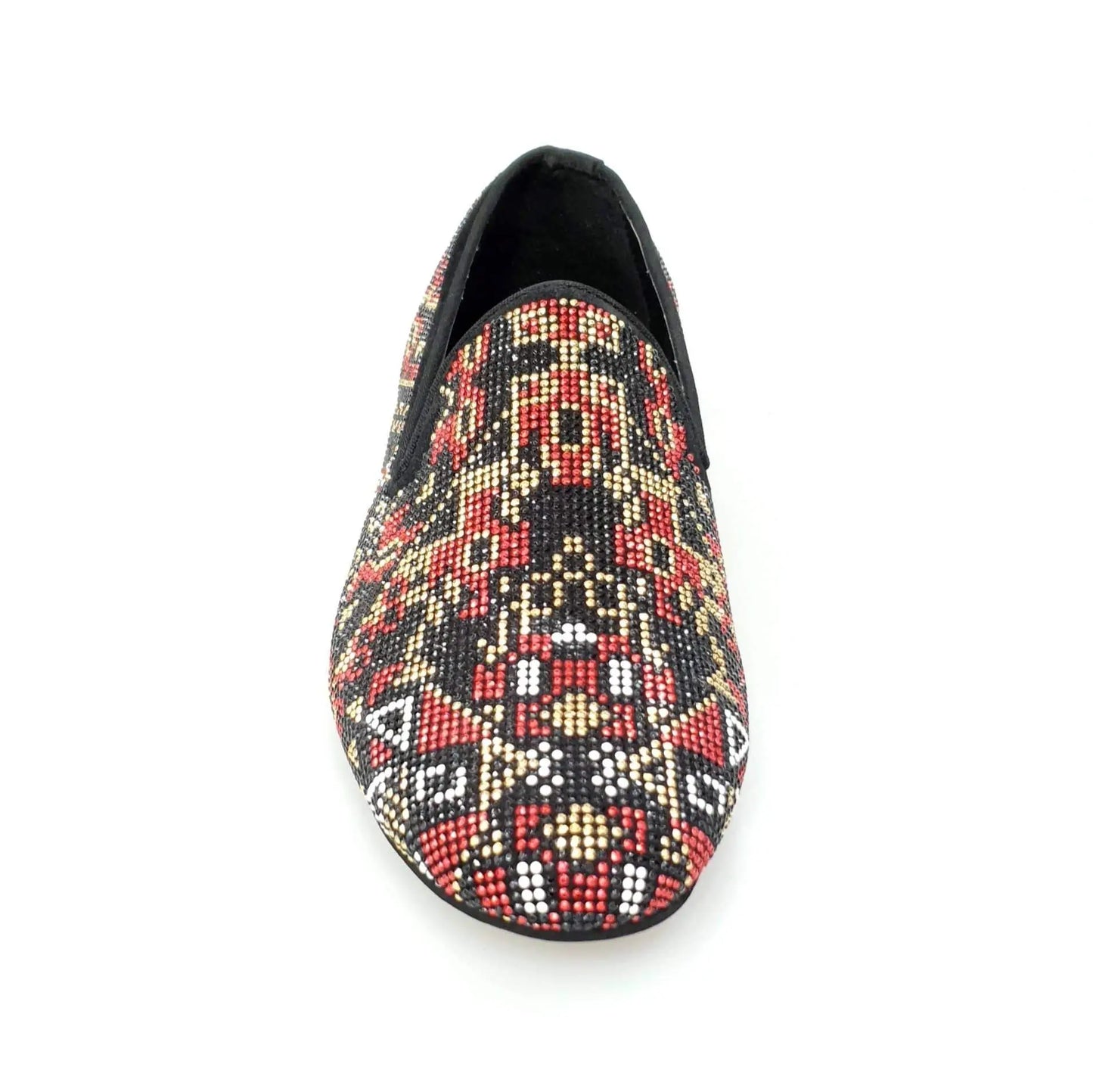 Mocassino Wishdance Samakaka Gold in camoscio nero con Swarovski neri, borchiette rosse, bianche e oro, stile elegante.