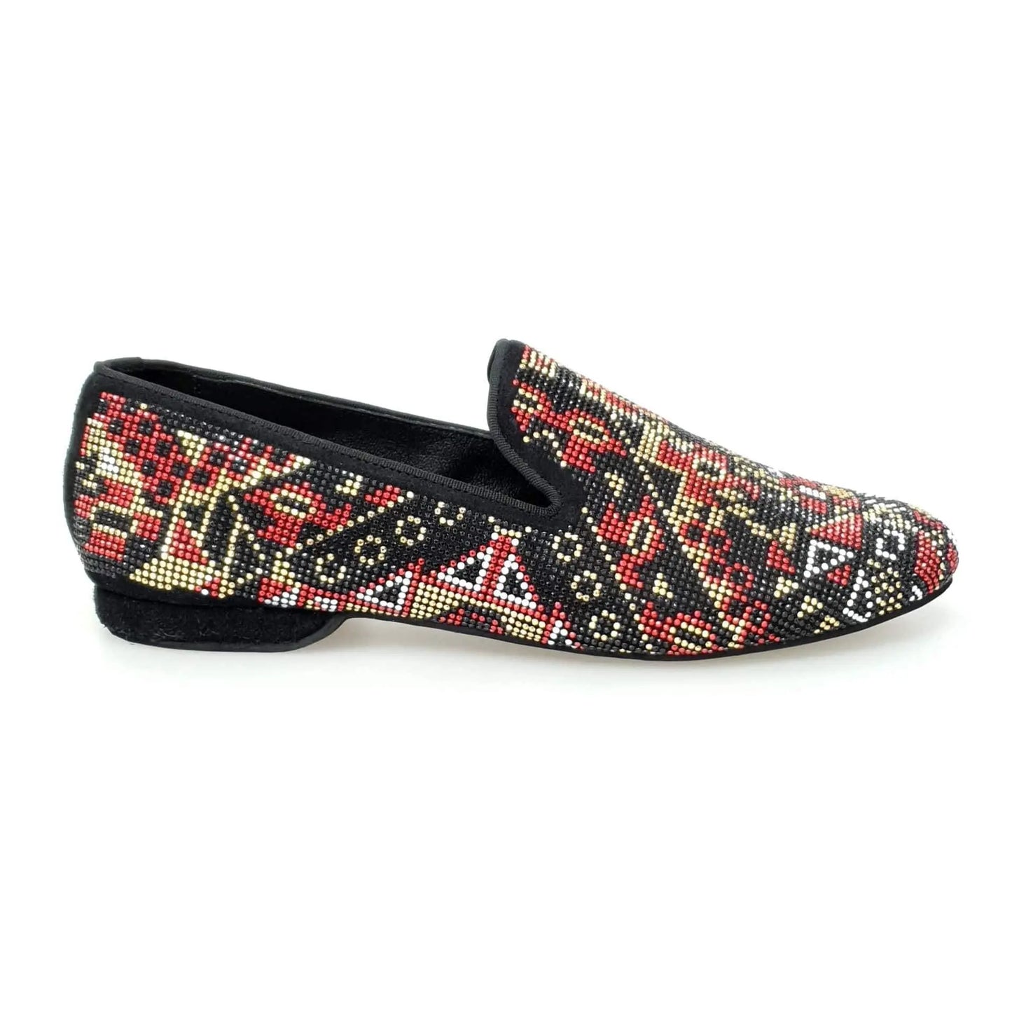 Scarpa mocassino Wishdance Samakaka Gold in camoscio nero con Swarovski neri, borchiette rosse, bianche e oro, stile elegante uomo