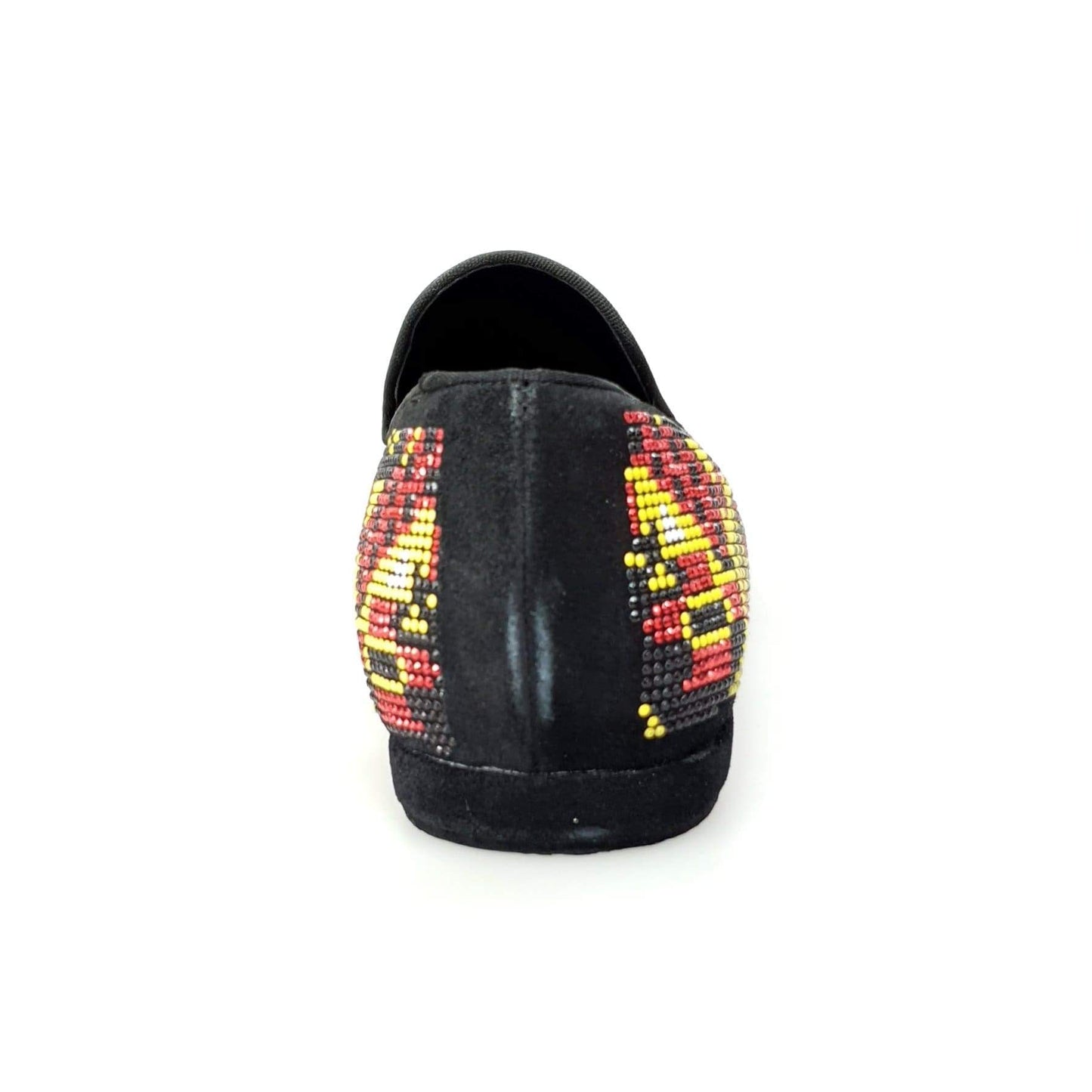 Scarpa mocassino Wishdance Samakaka Yellow in camoscio nero con Swarovski neri e borchiette bianche, rosse e gialle.