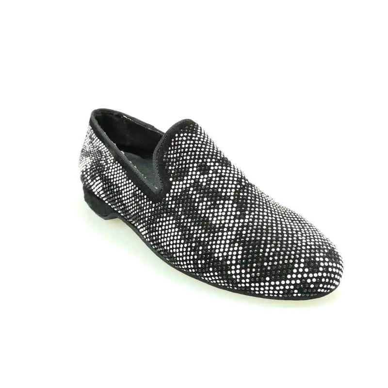 Scarpa mocassino uomo Viper Black Wishdance in camoscio nero con Swarovski bianchi e neri, fondo gomma antiscivolo