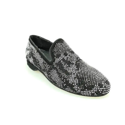 Scarpa mocassino uomo Viper Black Wishdance in camoscio nero con Swarovski bianchi e neri, fondo gomma antiscivolo