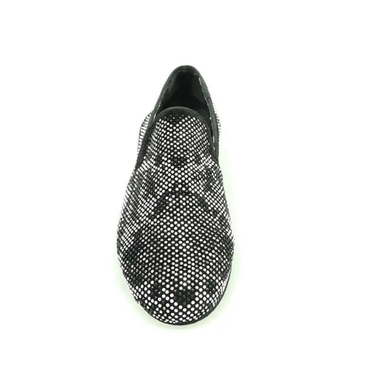 Mocassino da uomo Wishdance Viper Black in camoscio nero con dettagli Swarovski bianchi e neri, fondo gomma.