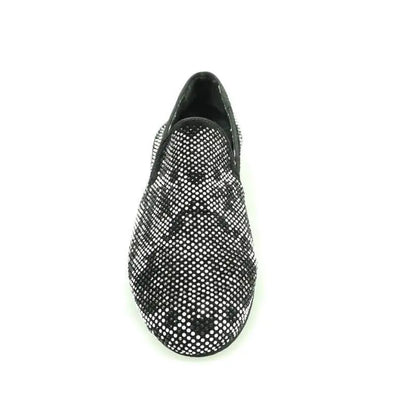 Mocassino da uomo Wishdance Viper Black in camoscio nero con dettagli Swarovski bianchi e neri, fondo gomma.