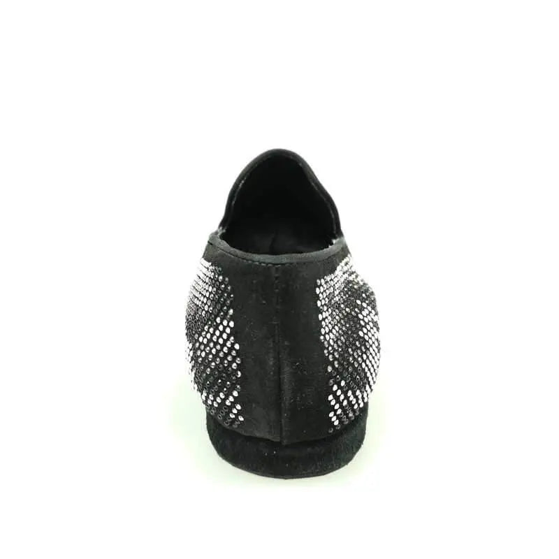 Scarpa mocassino Wishdance Viper Black in camoscio nero con Swarovski bianchi e neri e fondo in gomma.