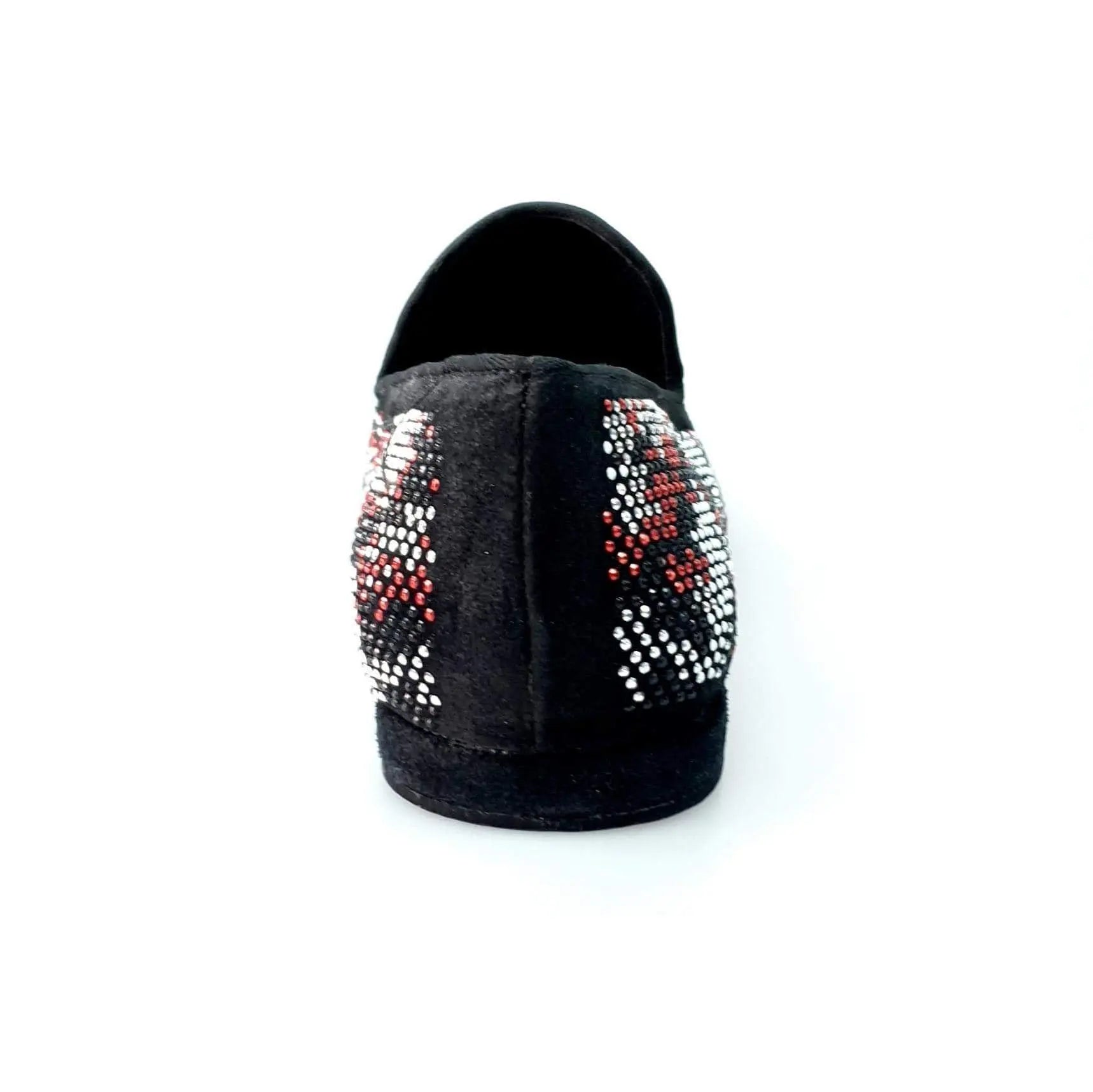 Mocassino Wishdance Viper Red in camoscio nero con Swarovski Rossi e Neri, suola in gomma, stile elegante e moderno.