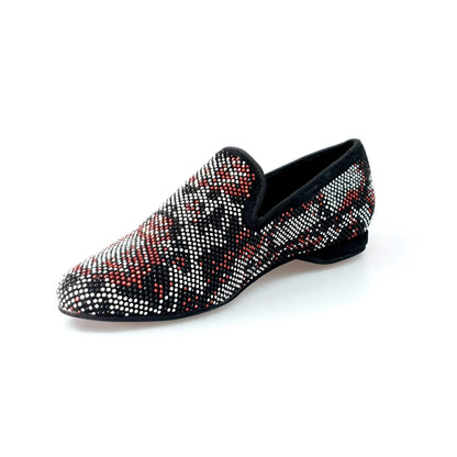Mocassino Wishdance Viper Red in camoscio nero con Swarovski rossi e bianchi, suola in gomma, dettaglio elegante e raffinato