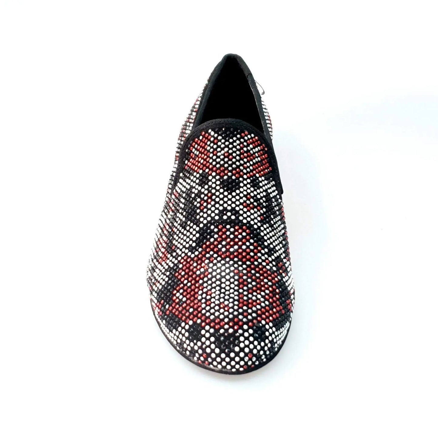 Scarpa mocassino da uomo Wishdance Viper Red in camoscio nero con dettagli Swarovski Rossi e Neri, su fondo in gomma