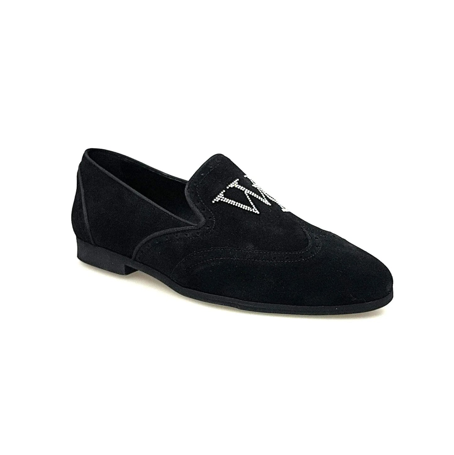 Mocassino uomo in camoscio nero Wishdance con dettagli Swarovski Boreali, scarpa elegante e sofisticata in primo piano.