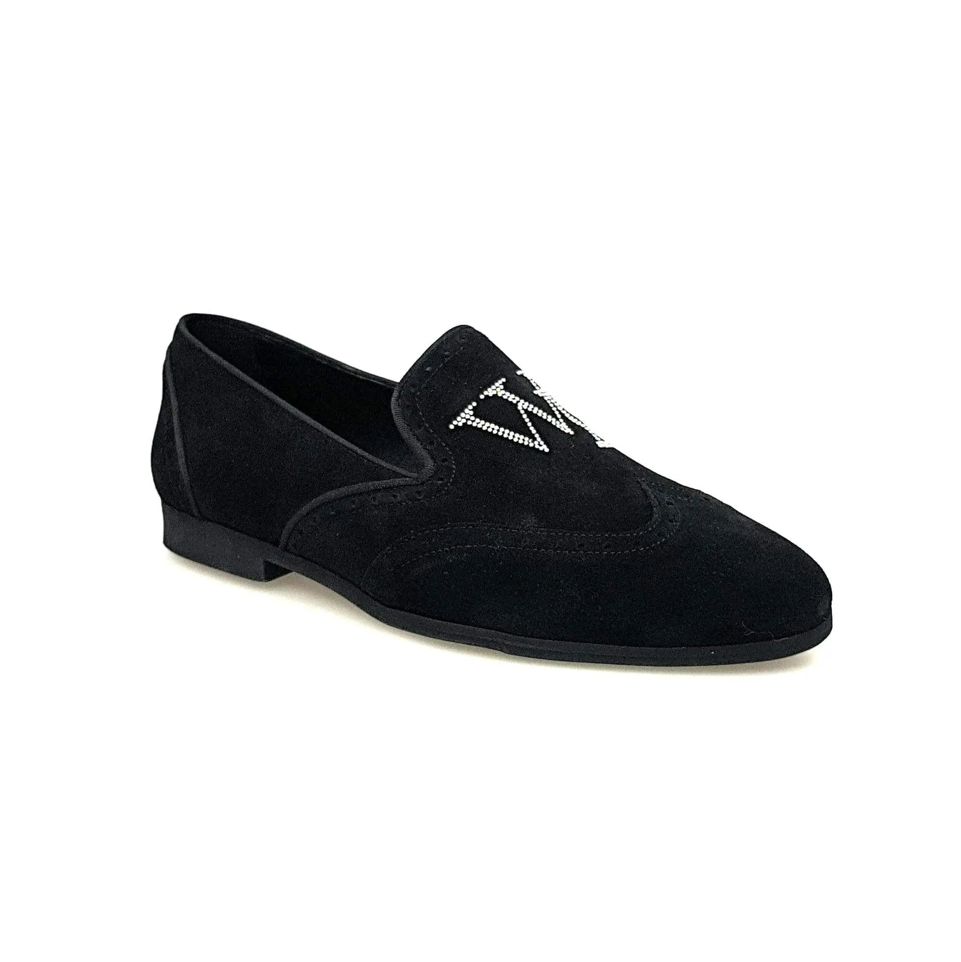 Mocassino uomo in camoscio nero Wishdance con dettagli Swarovski Boreali, scarpa elegante e sofisticata in primo piano.