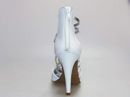 Sandalo alto da donna Wishdance Natalia (360) in pelle bianca e argento, con design elegante e dettagli raffinati.