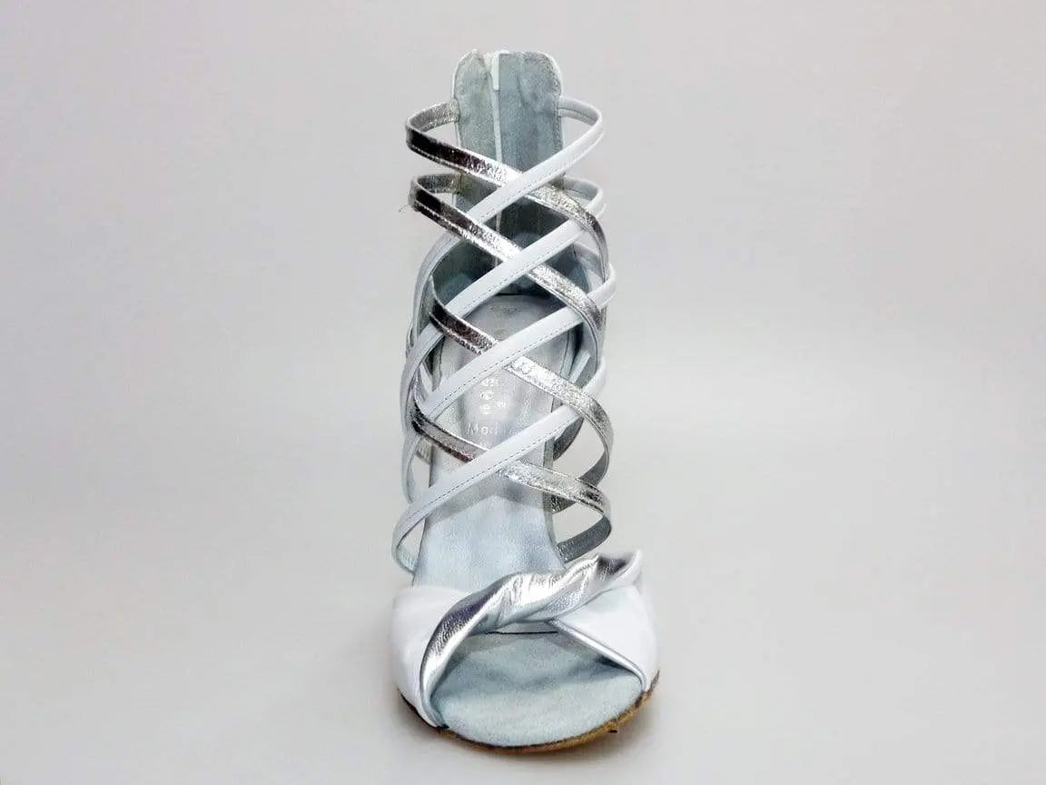 Sandalo alto da donna Wishdance Natalia (360) in pelle bianca e argento, con cinturino e tacco elegante.