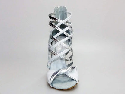Sandalo alto da donna Wishdance Natalia (360) in pelle bianca e argento, con cinturino e tacco elegante.
