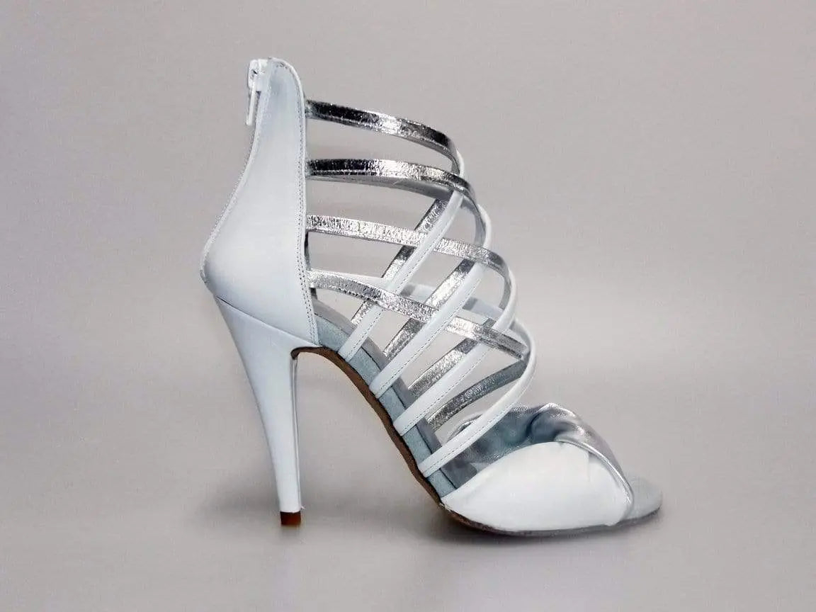 Sandalo alto da donna Wishdance Natalia (360) in pelle bianca e argento, con design elegante e fasce multiple.